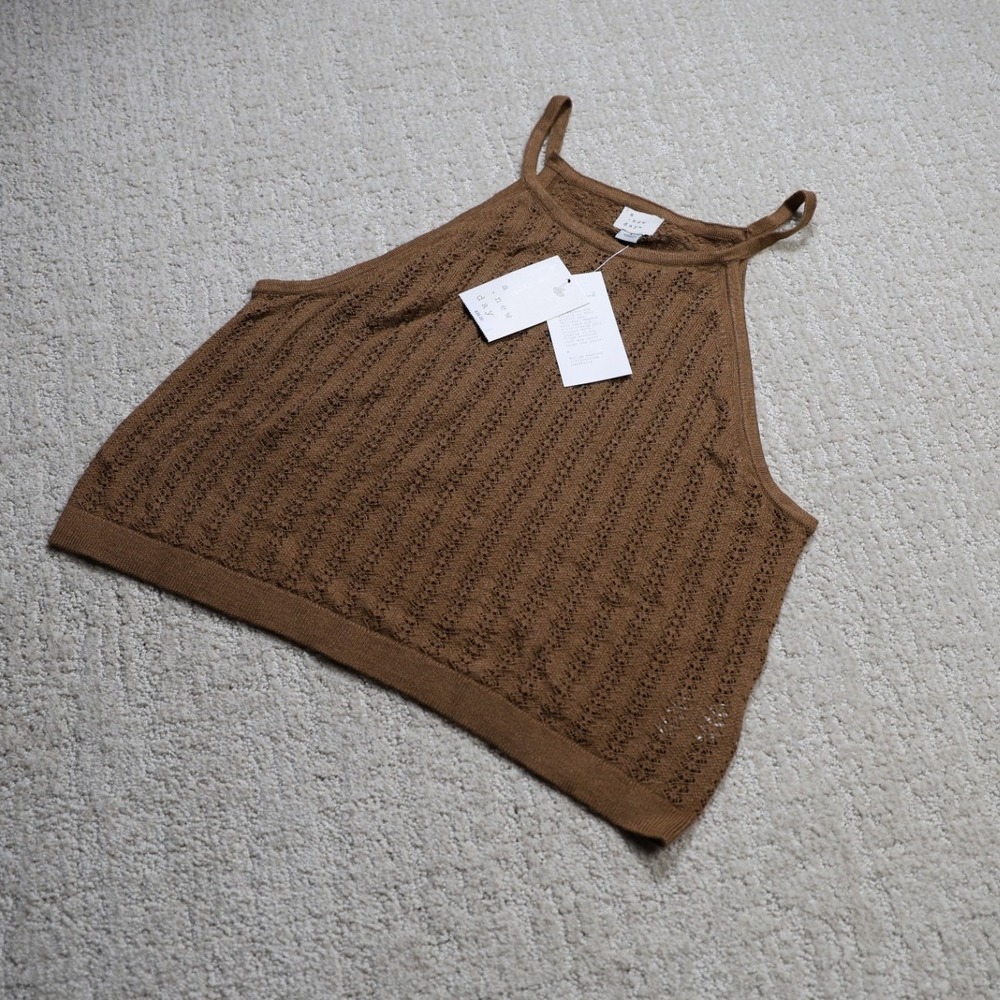 A New Day Brown Pointelle Knit Halter Tank Top Size Large NWT